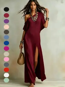 2026 European and American Fashion Elegance Women's Long Solid Dress, Lazy Relaxed Style, Asymmetrical Shoulder, Leg Reveal, Split Vacation Dress