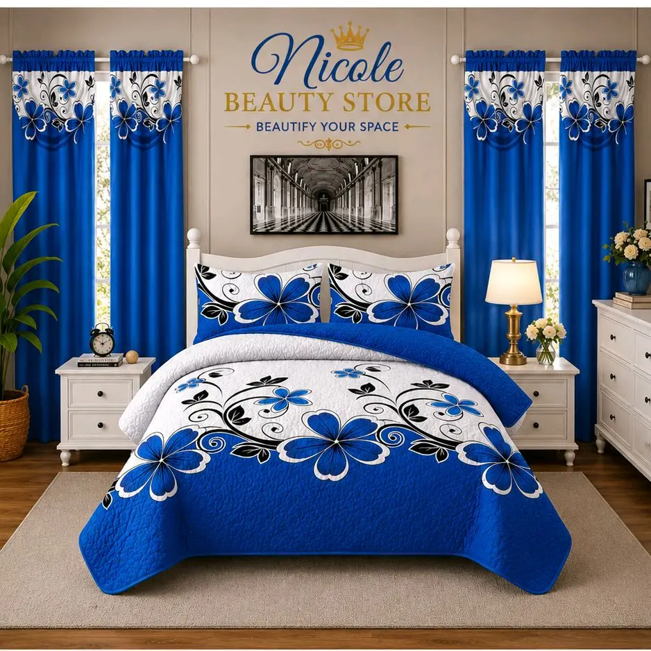 7-Piece King Size Bedspread Set with Matching Curtains & Valances – Luxury Blue Floral Bedroom Collection