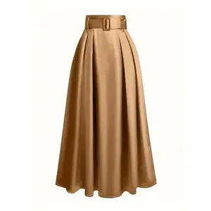 1pc elegant polyester midi skirt for women-solid color, knit fabric, spring/fall fashion, with belt buckle detail-for women-suitable for casual & formal occasions-perfect gift for fashionistas