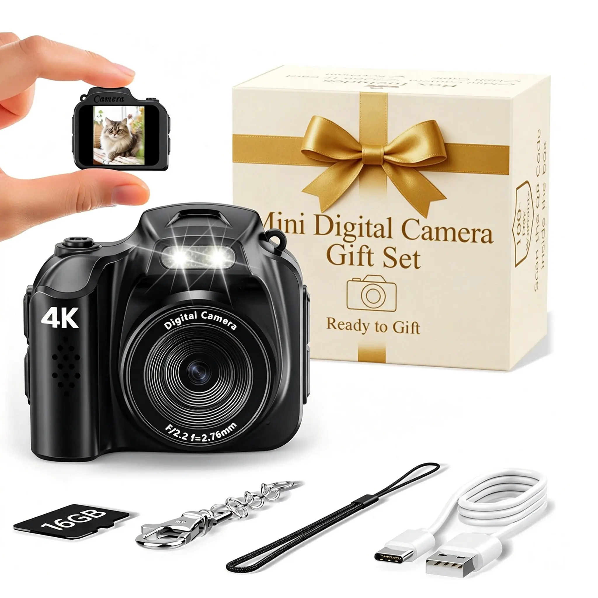 Mini Keychain Compact Camera, Digital Tiny Point & Shoot Camera with 16GB Card, Elegant Gift Box, Pocket-Sized Gadget for Kids, Travel Birthday Stocking Stuffers (Black)