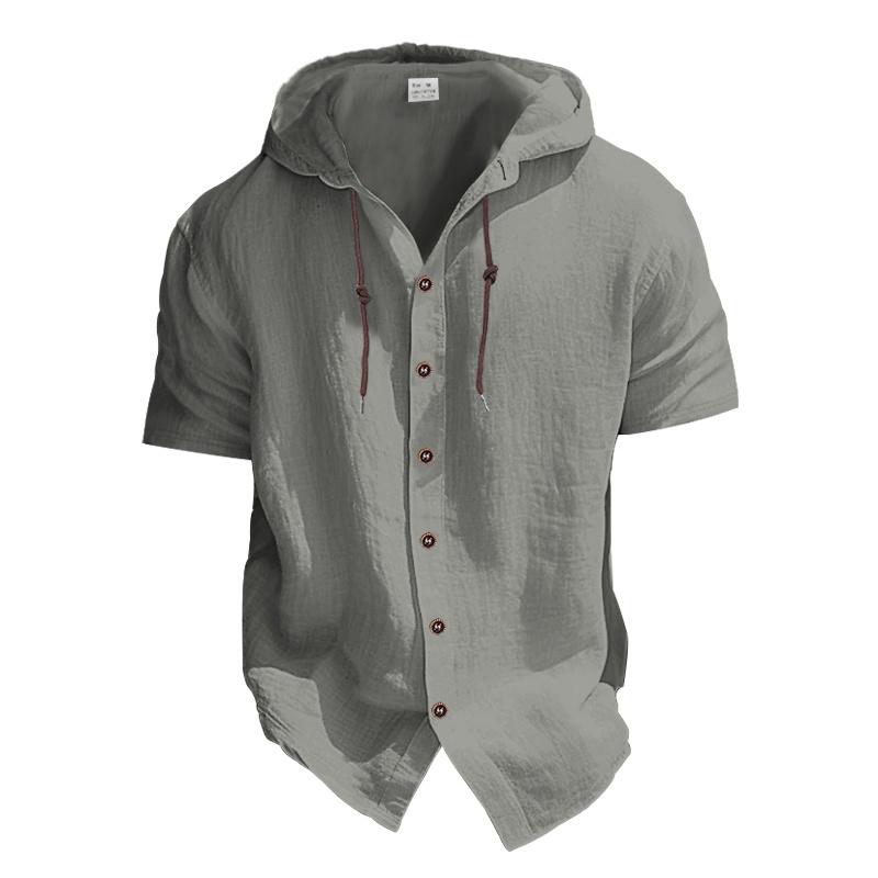 Men’s linen blend hooded short-sleeve shirt, casual button summer beach shirt, breathable loose vacation top