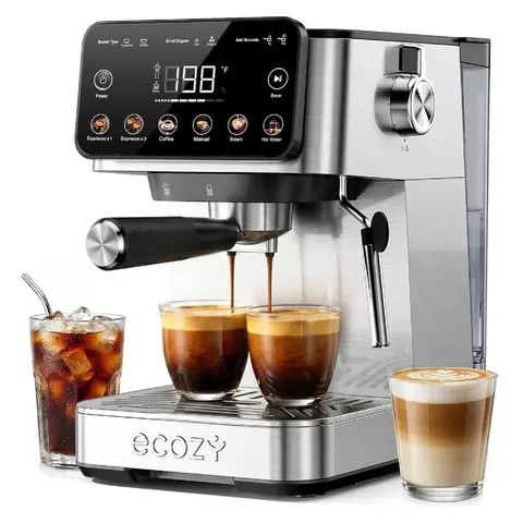 ecozy 2-in-1 Espresso Machine, 20 Bar Pump, LED Touch Screen, Home Coffee Bar, All in One with Drip Coffee, Hot Water and Milk Frother,  Stainless Steel Coffee Maker, Brezzano Core Series Coffee Machine for Cappuccino, Latte, Americano, Father's Day Gift