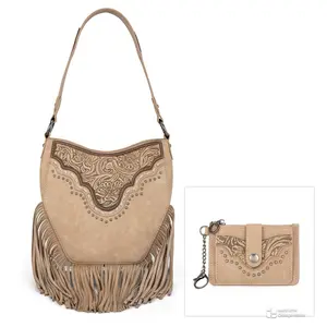 Montana West Tooled Fringe Hobo Shoulder Bag w/ Matching Wallet/Card Case