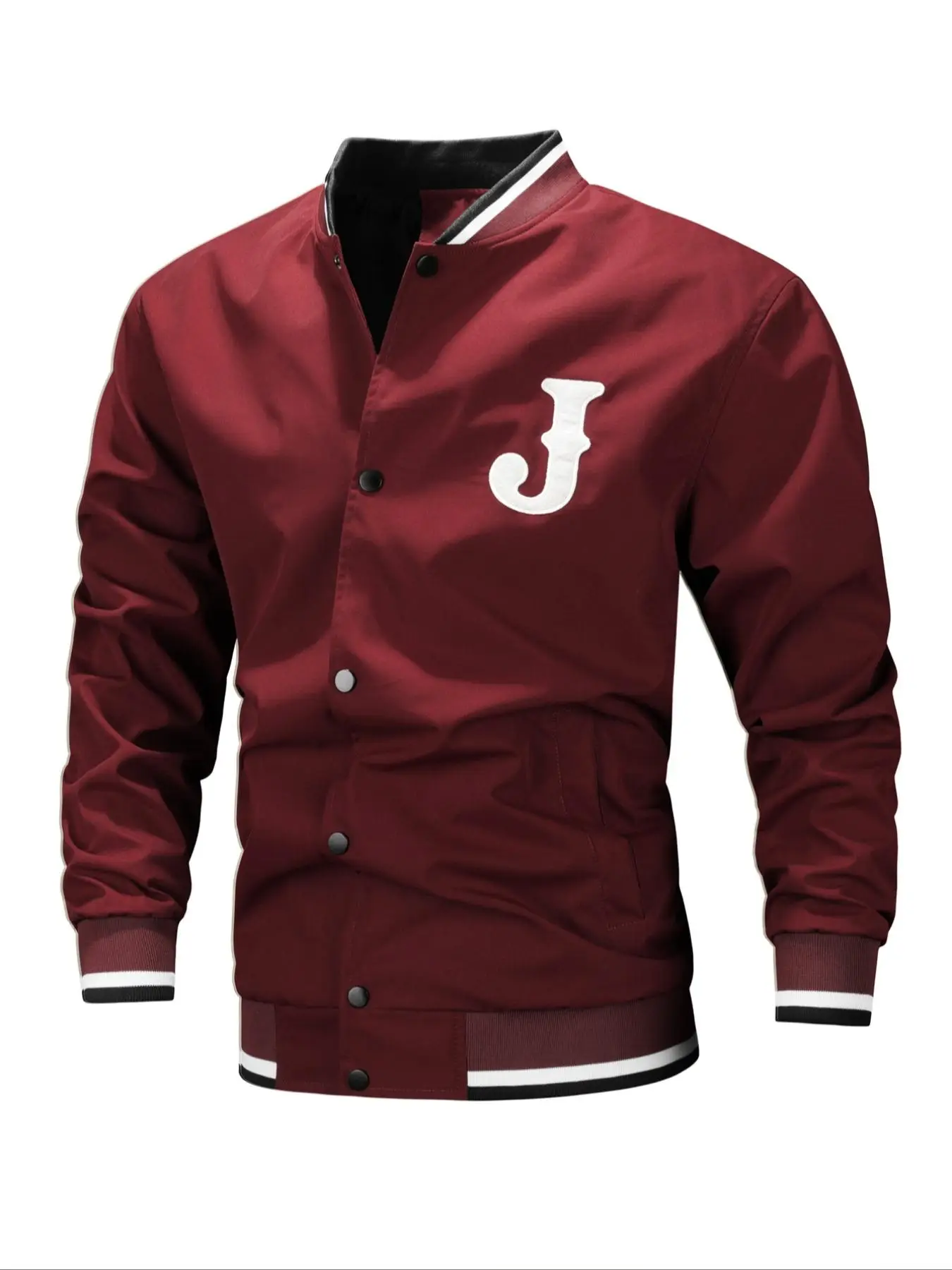 Men's "J" Print Button Up Jacket, Regular Fit Preppy Mock Neck Jacket, Men's Outerwear For Daily School Wear