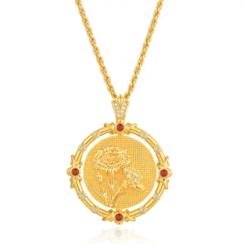 Women's Gold-Plated Chain Necklace, Dainty Fashion Jewelry with Rotating Circular Pendant & Birth Flower Motif, Elegant Personalized 12-Month Birth Month Jewelry