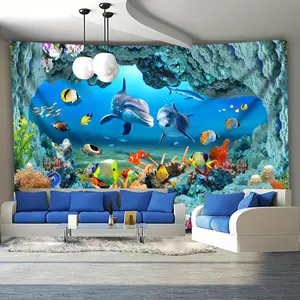2D Flat, 1pc Extra Large Underwater Ocean Scene Tapestry - Vibrant Coral Reef, Dolphins, Tropical Fish - Large Wall Hanging Decor for Living Room, Bedroom, Birthday Party, Office - Easy Hang No Installation Needed - Marine Life Decoration, 2D Flat