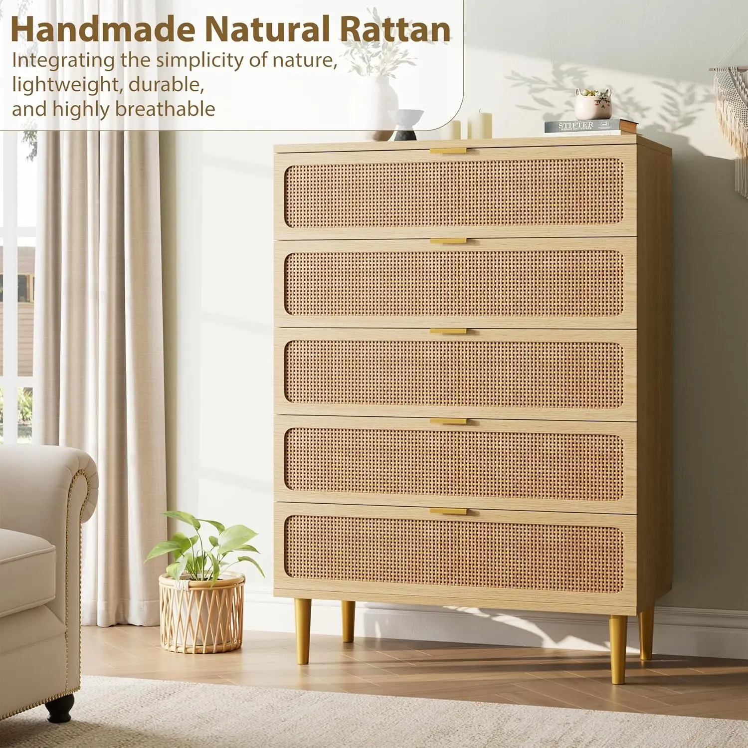 5 Drawer Dresser for Bedroom, Rattan Chest of Drawers with Deep Drawers, Large Modern Double Dresser for Closet with Wide Top, Horizontal Wooden Dresser for Living Room, Hallway, Kids Room, Natural