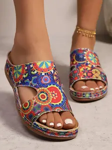 Women's Summer New Bohemian Style Colorful Floral Print Thick Sole Sandals, Vintage Ethnic One-Piece Slippers, Beach Shoes for Summer Vacation, Breathable Summer Sandals