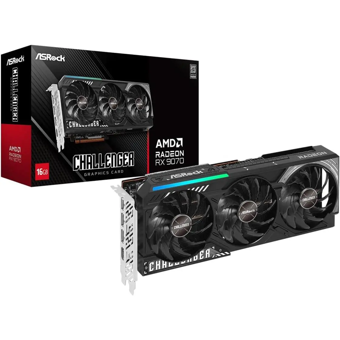 ASRock Radeon RX 9070 Challenger 16GB OC Graphics Card, RDNA 4, 2520MHz Boost, 16GB GDDR6 256-bit, PCIe 5.0, Triple Fans, 0dB Silent, LED Indicator