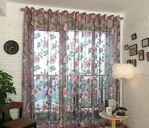 Set of 2 vintage floral voile curtains | Rustic-style room décor | Elegant rose-embroidered voile curtains perfect for the living room and bedroom