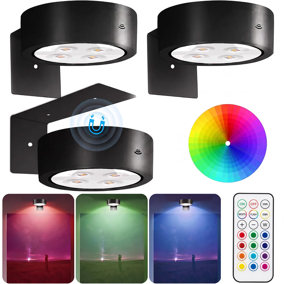 3‑Pack Black Rechargeable Battery Operated Picture Lights for Wall, Magnetic Wireless LED Lamp with Remote Control, RGB Color Changing Puck Light for Painting Photo Frame Gallery, Cabinet Shelf Display Home Decor
