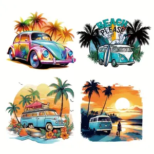 4-Pack Vinyl Heat Transfer Patches, Multicolor Beach Van, Car & Sunset Designs, Iron-on Transfers for DIY T-Shirts, Hats, Pillows, Durable & Washable