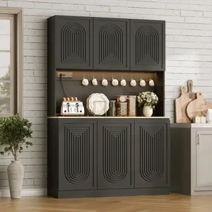 Tall Kitchen Pantry with Power Outlet & LED Light, Large Kitchen Hutch Cabinet with Adjustable Shelf, Modern Buffet Cabinet with 6 Doors, Food Pantry Storage for Dining Room