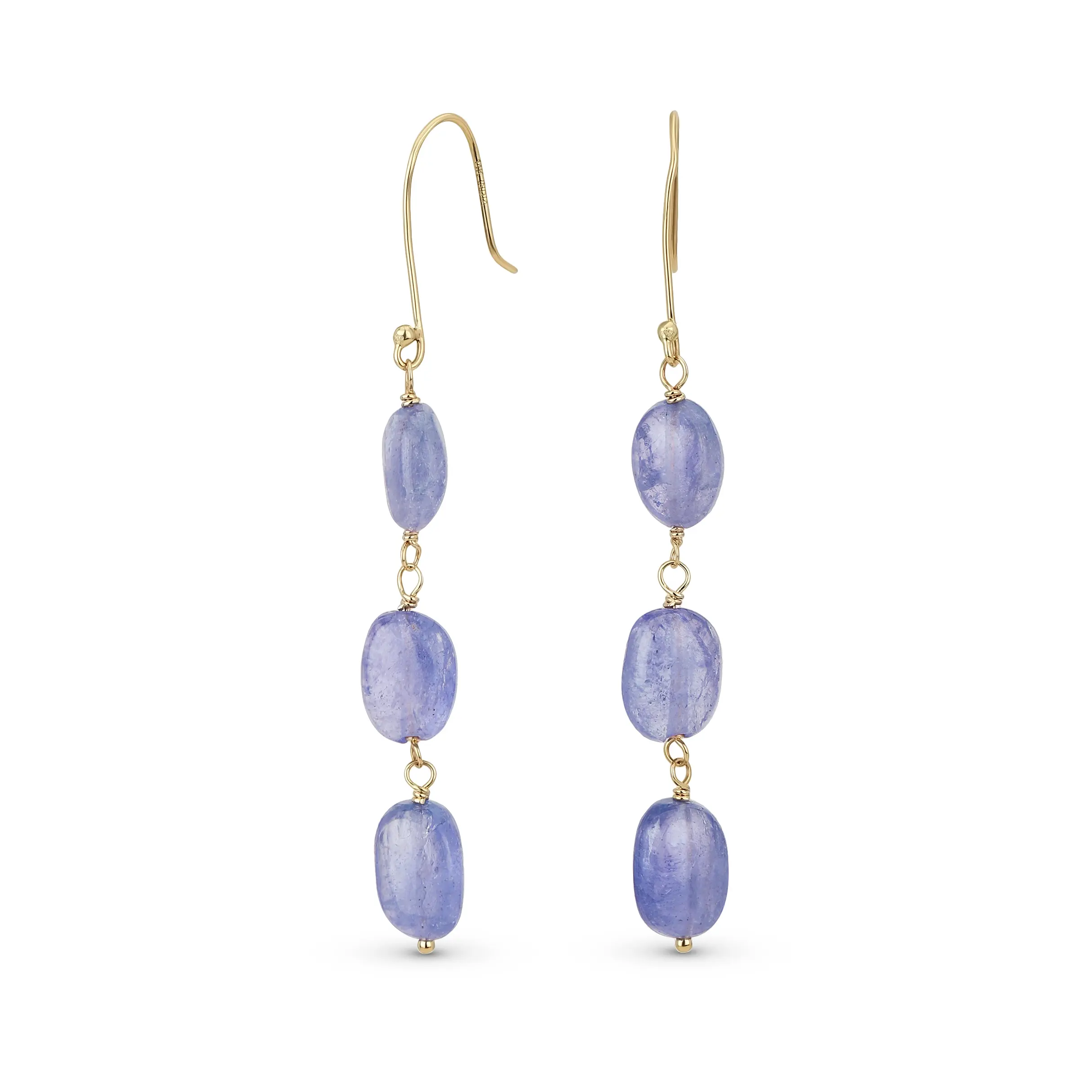Long 14K Gold Three Oval Natural Stone Garnet Turquoise Tanzanite Dangling Earrings Fish Hook