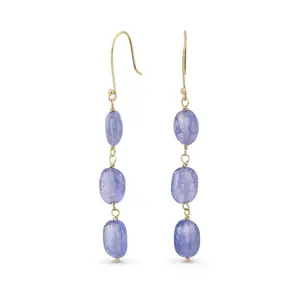 Long 14K Gold Three Oval Natural Stone Garnet Turquoise Tanzanite Dangling Earrings Fish Hook