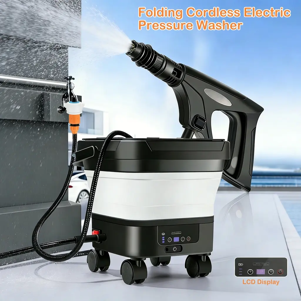 OJOYME Cordless High-Pressure Power Washer - 13L Foldable Compact Model with LCD Display, 7 Spray Modes, Foam Cannon, Rechargeable for Outdoor Gardens, Cordless Freedom, Fold & Store Easy Cleaning