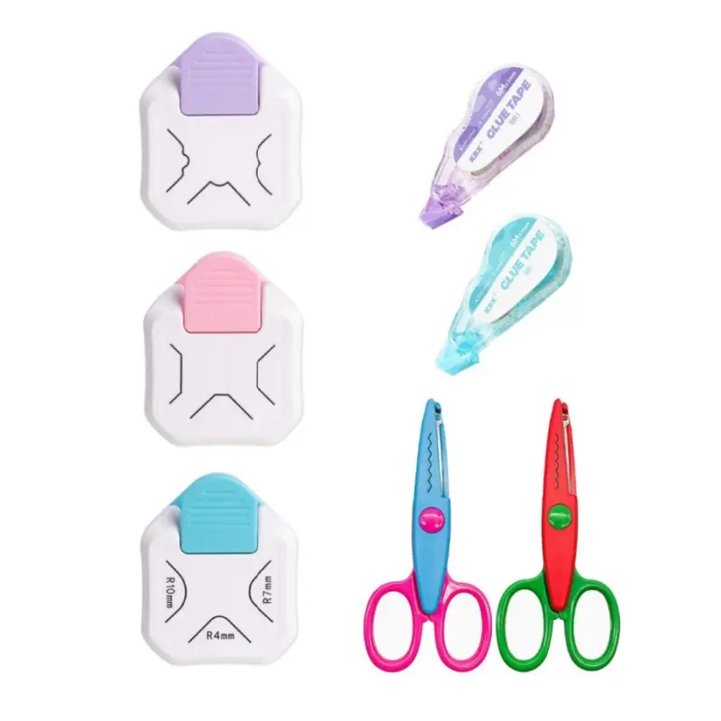 7 pieces handmade DIY stationery set, including three in one rounded cutter, lace scissors, and dot glue, suitable for students, accounting enthusiasts, teachers, and handicraft creators to use