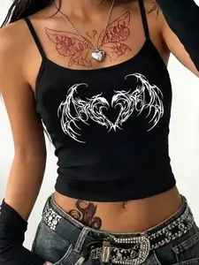 Gothic Heart Wings Cami Top, Sweet Cool Y2K Boho Style, Slim-Fitting Short Tank, Summer Streetwear for Girls