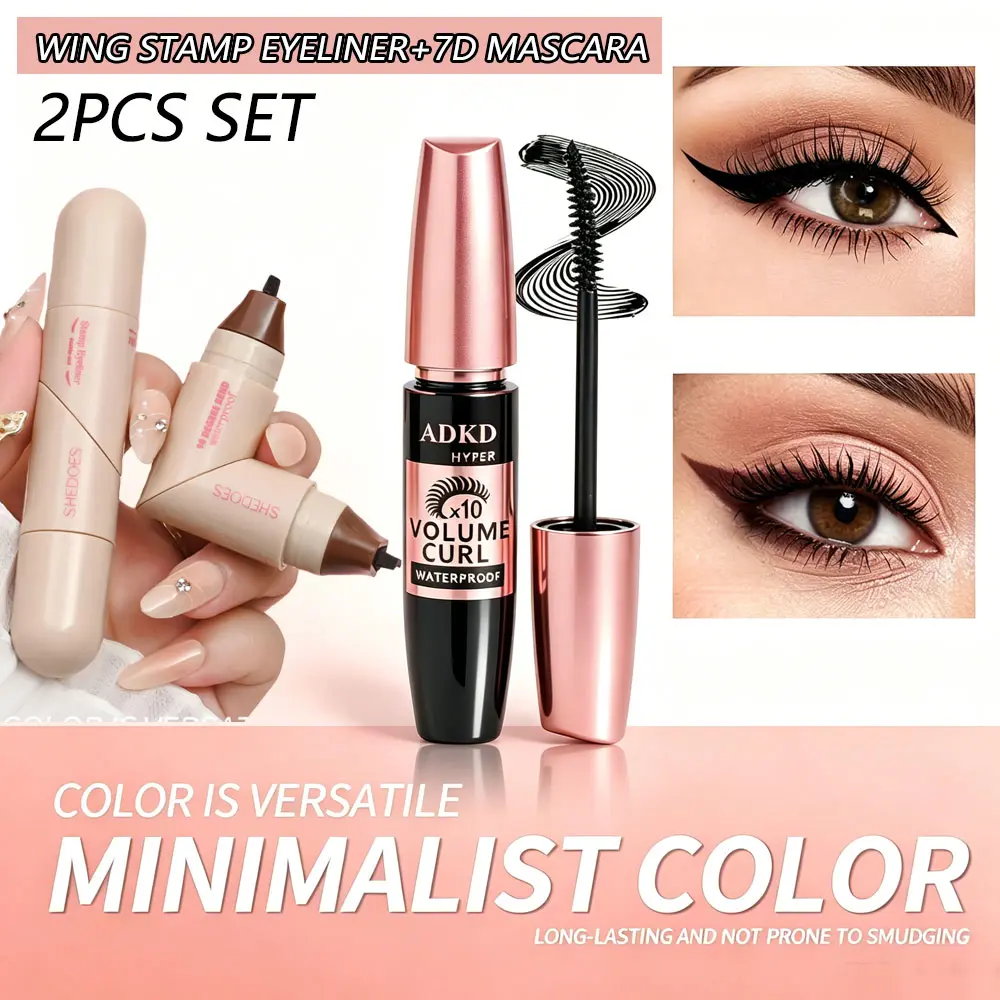 7D Waterproof Mascara Curling with Dual-Head Winged Eyeliner Stamp Pen  Long Lasting Smudge Proof  Volumizing Black Lashes Quick Dry Easy Application  Eye Makeup Tool For Lady Women Long Curl Mascaras Tiktok Persona Pencil Cats Eyes