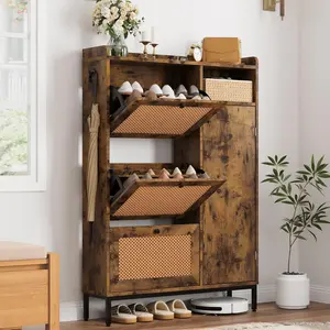Shoe Cabinet with Handwoven Rattan Panels – 3 Flip Compartments, Adjustable Shelves – Narrow Wood Organizer for Entryway & Apartment