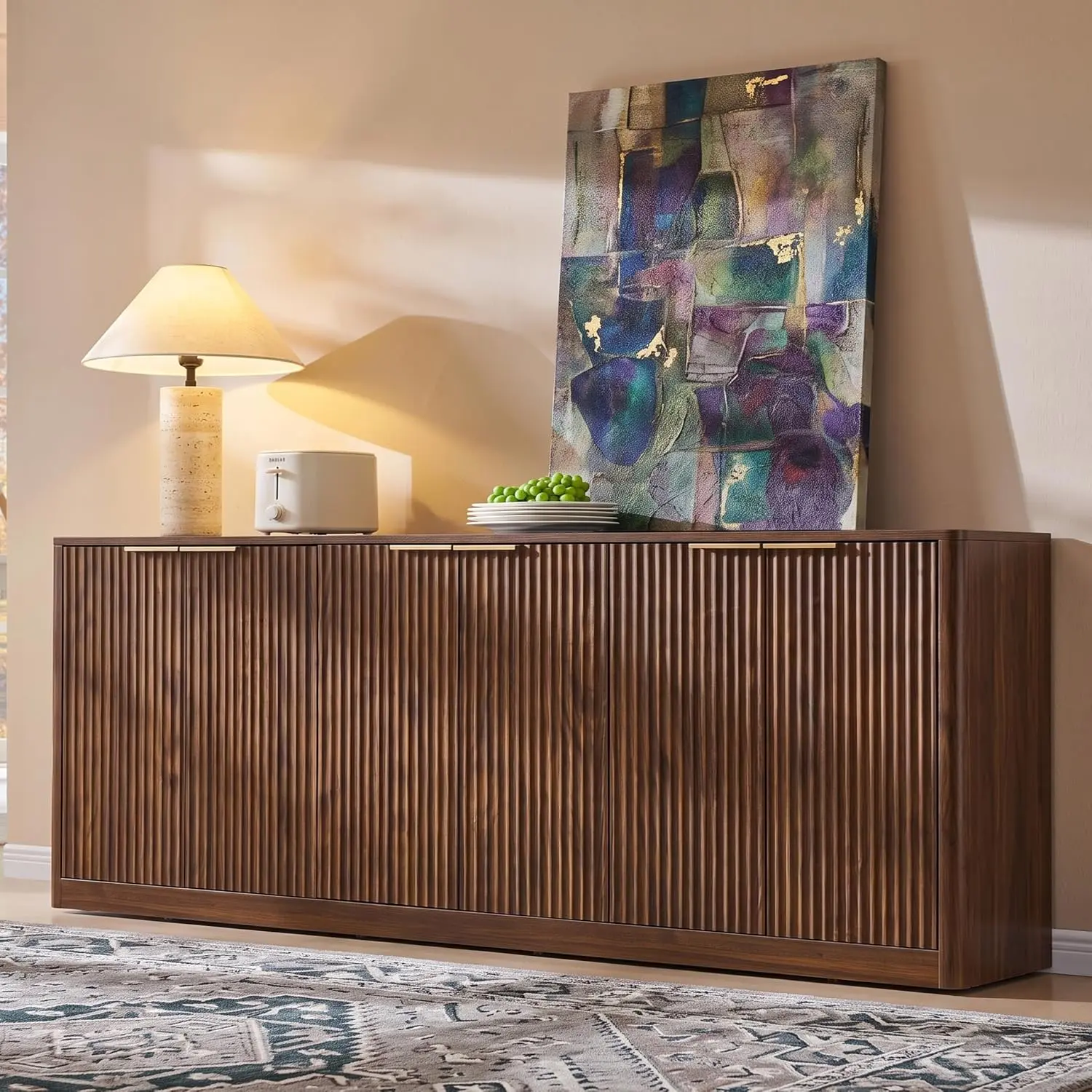 67" Fluted Buffet Cabinet Sideboard with Storage, Large Credenza with 6 Doors, 3 Shelves, Wood Mid Century Modern Sideboard for Kitchen and Living Room, Walnut Brown