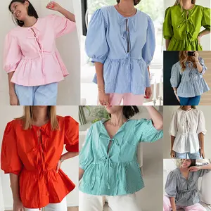 GGFL Women's Casual Coquette Gingham Babydoll Blouse - Puff Sleeve Tie-Front Ruffle-Hem Peplum Top for Beach, Date Night (Women's Clothes, Sports & Outdoor Sports Tops)
