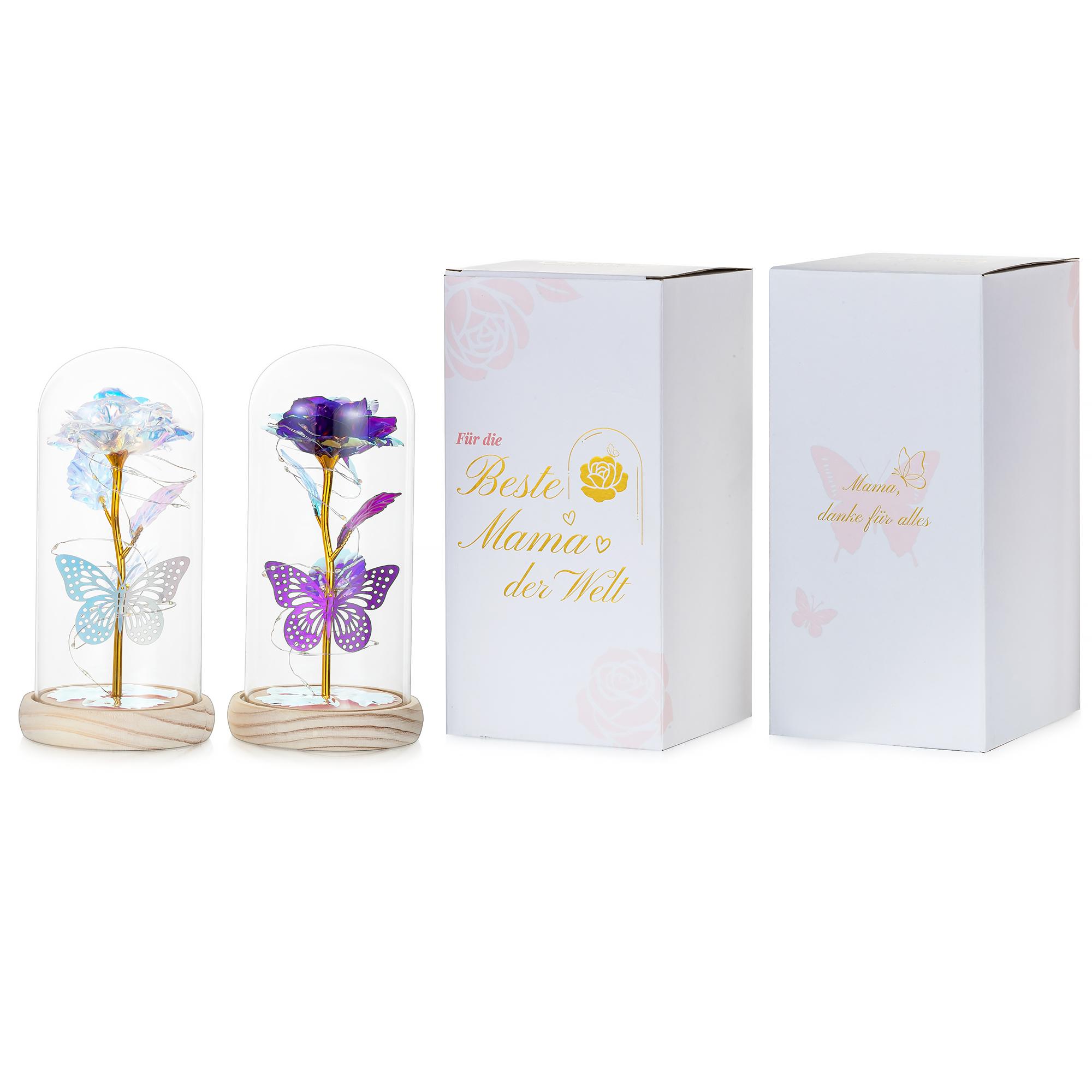Glasseam Galaxy Glass Rose Forever Eternal Crystal Flowers Roses in Glass Dome with Butterfly Mother's Day Gifts for Women Daughter Mom Wife Girlfriend