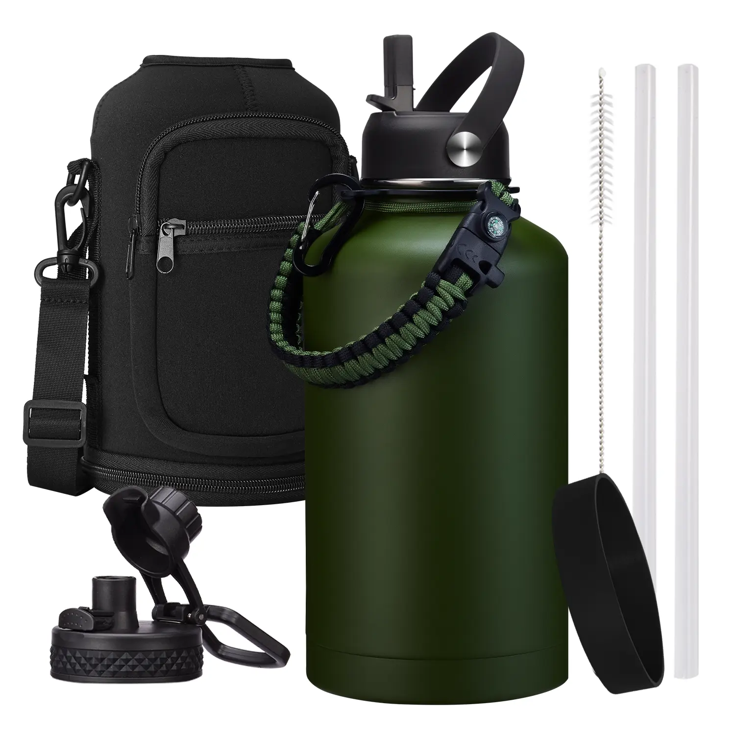 64 oz Insulated Stainless Steel Water Bottle with Straw & 2 Lids, Half Gallon Wide Mouth Metal Jug, Non-BPA, Keeps Cold 48H Hot 24H, Army Green for Sports, Gym