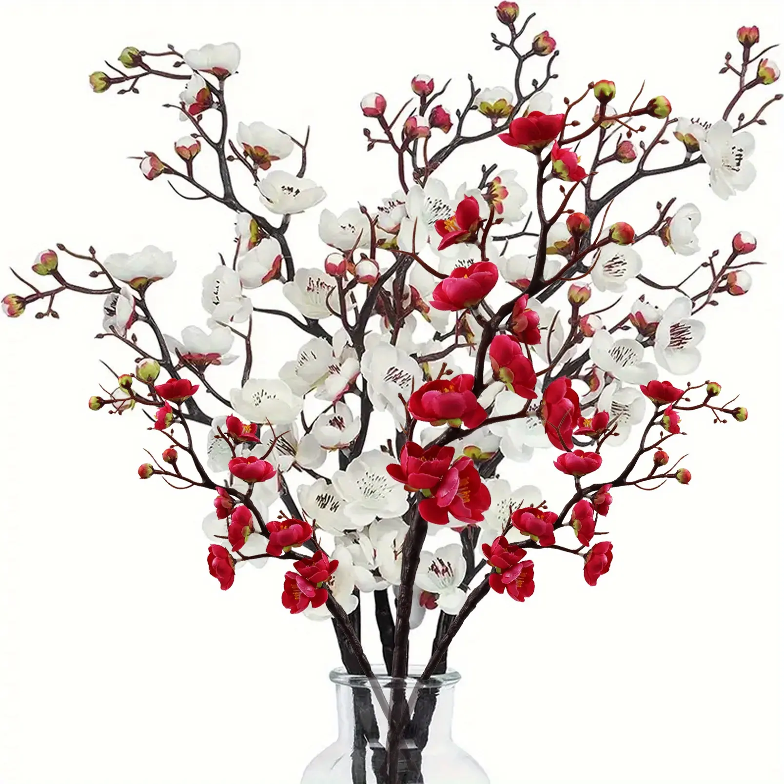 6pcs Artificial Plum Blossom Branches - Tall Long-Stemmed Floral Decor with Eucalyptus, 3D Bouquet Flower Design for DIY Vase Arrangements, Christmas-New Year Home Decorating, Aesthetic Room Accents, Room Decor
