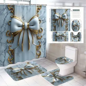 1/4pcs Marble Pattern Light Blue White Bathroom Set, Bathroom Accessory - 3D Gold Bow Shower Curtain, Toilet Seat Cover, 2 Coordinating Bath Mats with Gold Filigree - Decor for Festive Easter, Mother's Day, Christmas