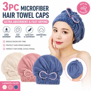 3PC Microfiber Hair Towel Caps - Ultra Absorbent Fast Drying Hair Towel Turban Wrap for Women, Extreme Soft & Lightweight for Wet Hair, Gym, Travel (Assorted Colors)
