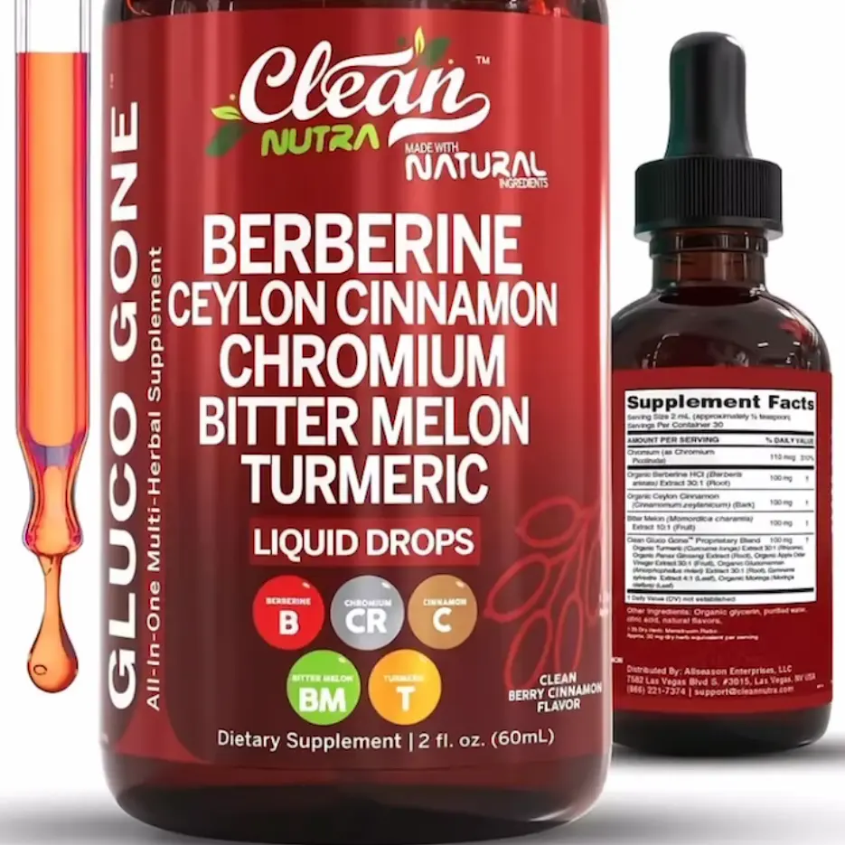 Gluco Gone Organic Ceylon Cinnamon Berberine LiquidDrops Supplement with Bitter Melon Extract GlucomannanGymnema Chromium Turmeric Organic Panax Ginseng