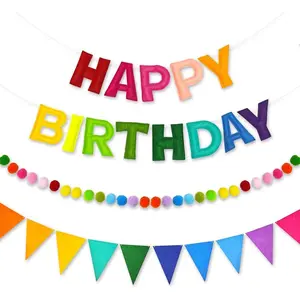 Pre-Strung 3D Happy Birthday Banner, 3 PCS Rainbow Happy Felt Garland, Pom Pom Garland, Triangle Fabric Bunting, Reusable Rainbow Birthday Decorations for Girls Boys Women Men