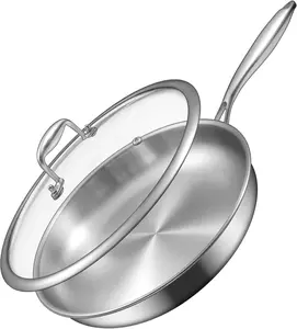 12 Inch Tri-Ply Stainless Steel Frying Pan with Lid, Induction-Ready Skillet Compatible with All Cooktops Up to 600 ℉ , Even Heat, Dishwasher and Oven Safe, Large 12" Cooking Pan