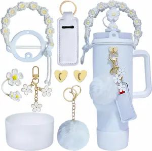 Accessories for  Cup,1 Handle Strap for Tumbler 40oz,1 Siliocne Water Bottle Boot,1 Straw Topper Cover,2 Charms Hooks,1 Lip Balm Holder Bag,1 Pompom Ball,1 Flower Charm(white)