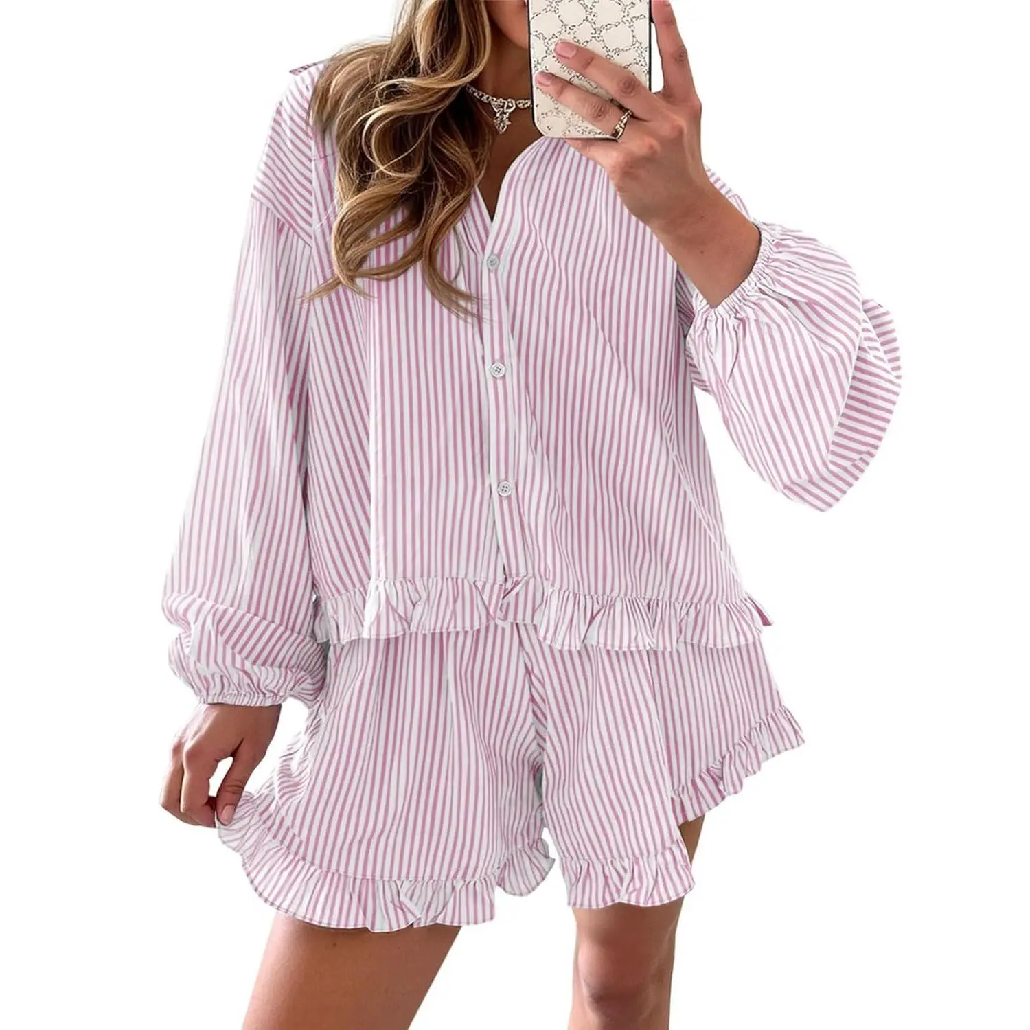 Fisoew Womens Stripe 2 Piece Lounge Sets Button Down Ruffle Shirts Shorts Sets Casual Oversized Pajama Sets Loungewear
