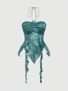 Women's Boho Halter Cami Top, Ruched Bust Design, Paisley Print, Irregular Ruffle Hem, Perfect for Beach Vacation, Music Festivals, Summer Parties & Pastoral Style Dates