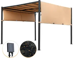 Pergolas Gazebo for Patios 10 * 10 Metal Gazebo Canopy Tent with Sliding Adjustable Canopy Weather-Resistant Fabric Quality Materials Solar Powered Led for Patio Outside Garden Backyard,Tan