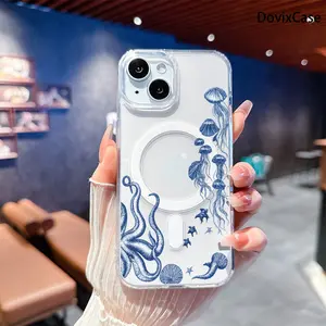 Phone Case - Ocean Jellyfish And Octopus with Seashell And Starfish Elements Transparent Acrylic Magnetic HD Clear Shockproof Printed Phone Case for iPhone 17 E Air Pro ProMax iPhone16 15 14 Plus 13 12 Mini 11 X XS XR Series Full Models