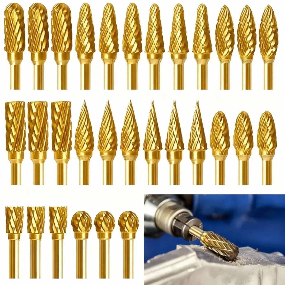 30PCS Titanium Coated Rotary Cutting Burr Kit, Carbide Engraving Grinding Bits with 1/8" Shank, Rotary Tool Accessories for Metal Wood Stone and Tile Carving and Polishing