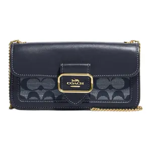 COACH Morgan 20 Classic Jacquard Flap Bag in Denim Blue with Chambray and Leather Accents, Crossbody Shoulder Bag for Women