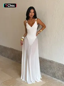 Fitted A-Line Plain Pattern Dress with Sheer Mesh Detail, Spaghetti Strap Sexy Vacation Style Dress for Women, Ideal for Summer Parties and Beach Getaways