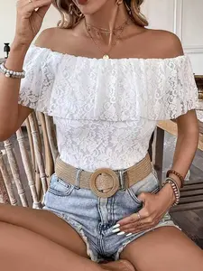 Summer New Lace One Shoulder T-Shirt, Small Leaf Trim Neck Design, European and American Women's Cool Breathable Fashion Top