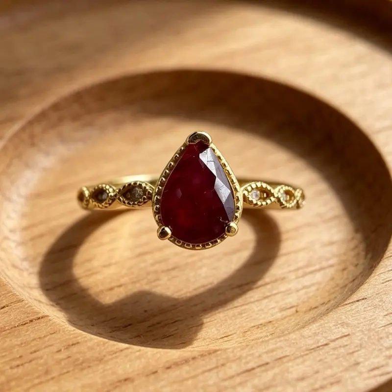 <PingEast jewelry > Ruby ring401----Elegant with a twist — this 925 sterling silver ring showcases a pear-shaped 5×7mm natural Burmese pigeon blood ruby, set in a sleek four-prong gold-tone setting with a braided band. Includes certificate of authenticity