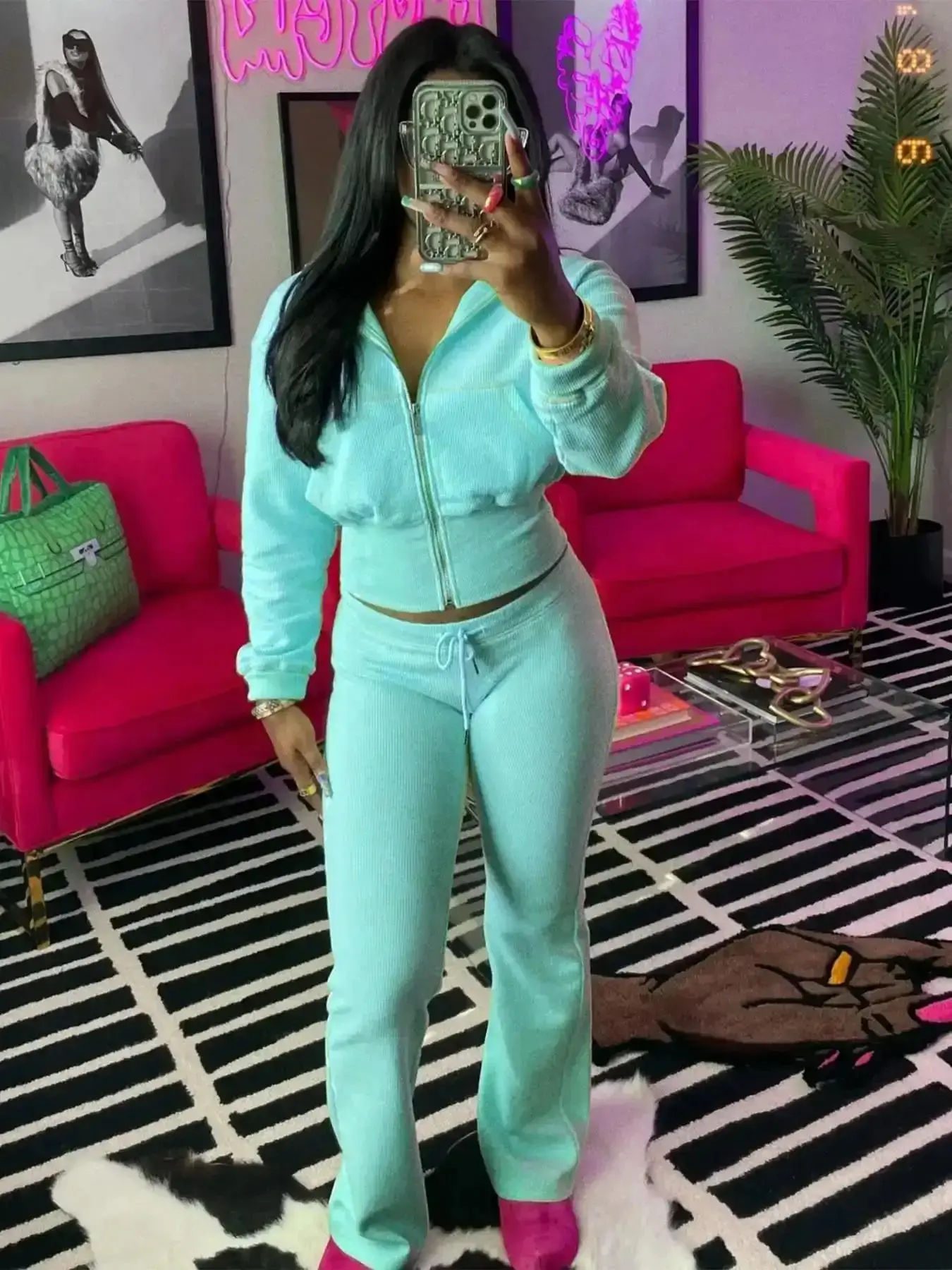 Women Solid Waffle Knit Zip Up Fitted Jacket Pants Two Piece Set Casual Long Sleeve Zip Front Outerwear Trousers Daily Ladies Fall Winter 2026