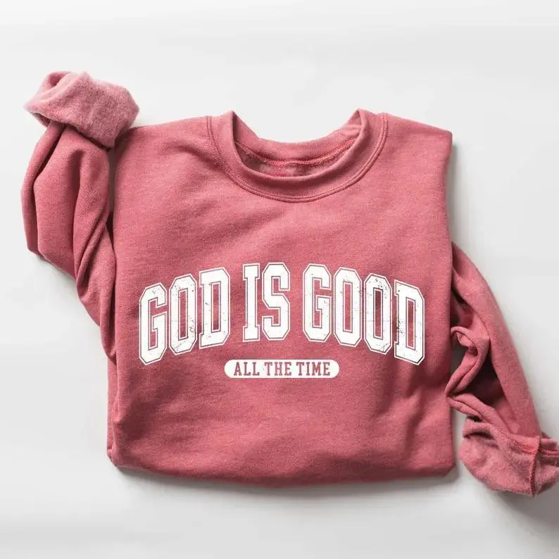 Retro Christian sweatshirt for women featuring ‘God Is Good All The Time’ with a nativity scene design, perfect Christmas faith gift and cozy wear