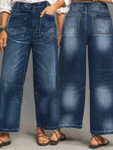 WGXWGX Women's Vintage Washed Blue Casual Wide-Leg Jeans With Drawstring Waist, Featuring Pockets And A Relaxed Fit Without Stretch.They Have A Simple Button Closure And Are Perfect For Everyday Wear.