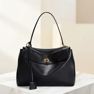 Minimalist Black Leather Work Tote Bag for Women Large Capacity Shoulder Bag with Gold Hardware