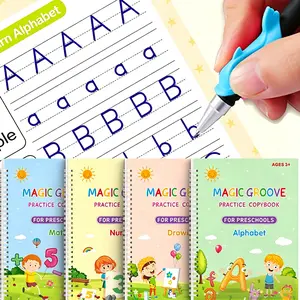 Magic Grooved Practice Copybook, 4-Count Reusable Grooved Handwriting Workbooks with 1 Pen, 5 Refills and 1 Random-Color Pen Grip, Handwriting Practice and Tracing Preschool Books for Kids