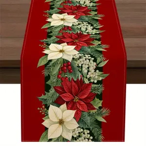 1pc Hand-Drawn Red&White Poinsettia Holly Leaf Pine Branch Berry Christmas Table Runner for Kitchen Dining Table Decor Party Family Gather Holidays Decoration Festive Home Decoration Holiday Table Decor